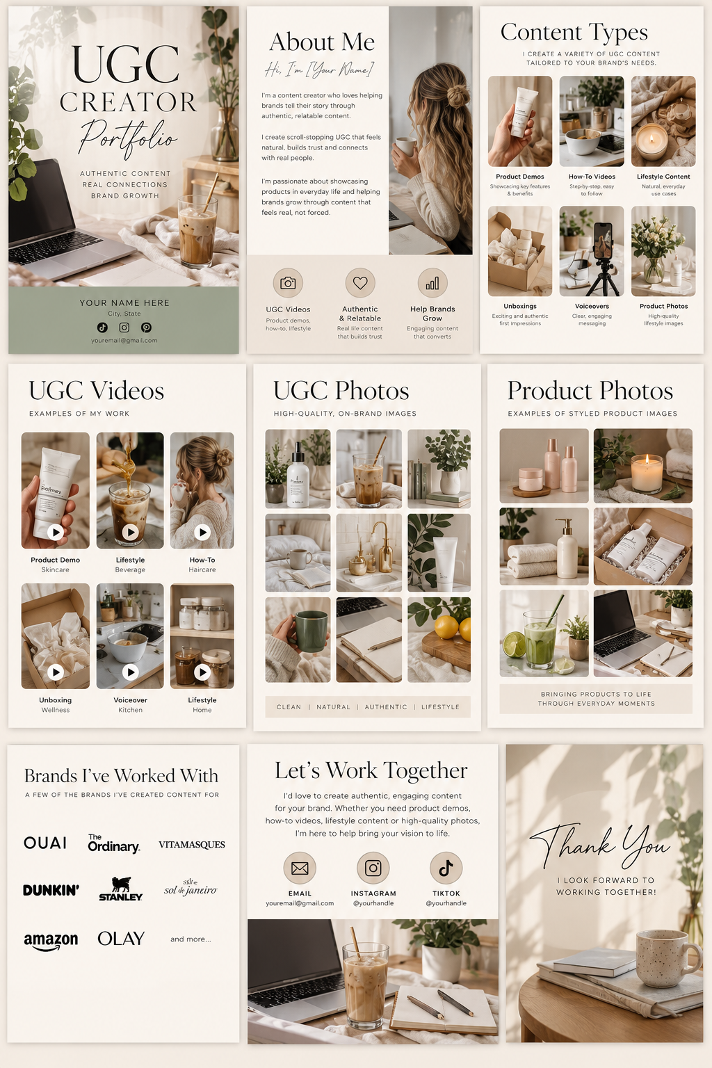 Preview of a nine-page beginner UGC portfolio: cover, about me, content types, videos, photos, brands and contact pages