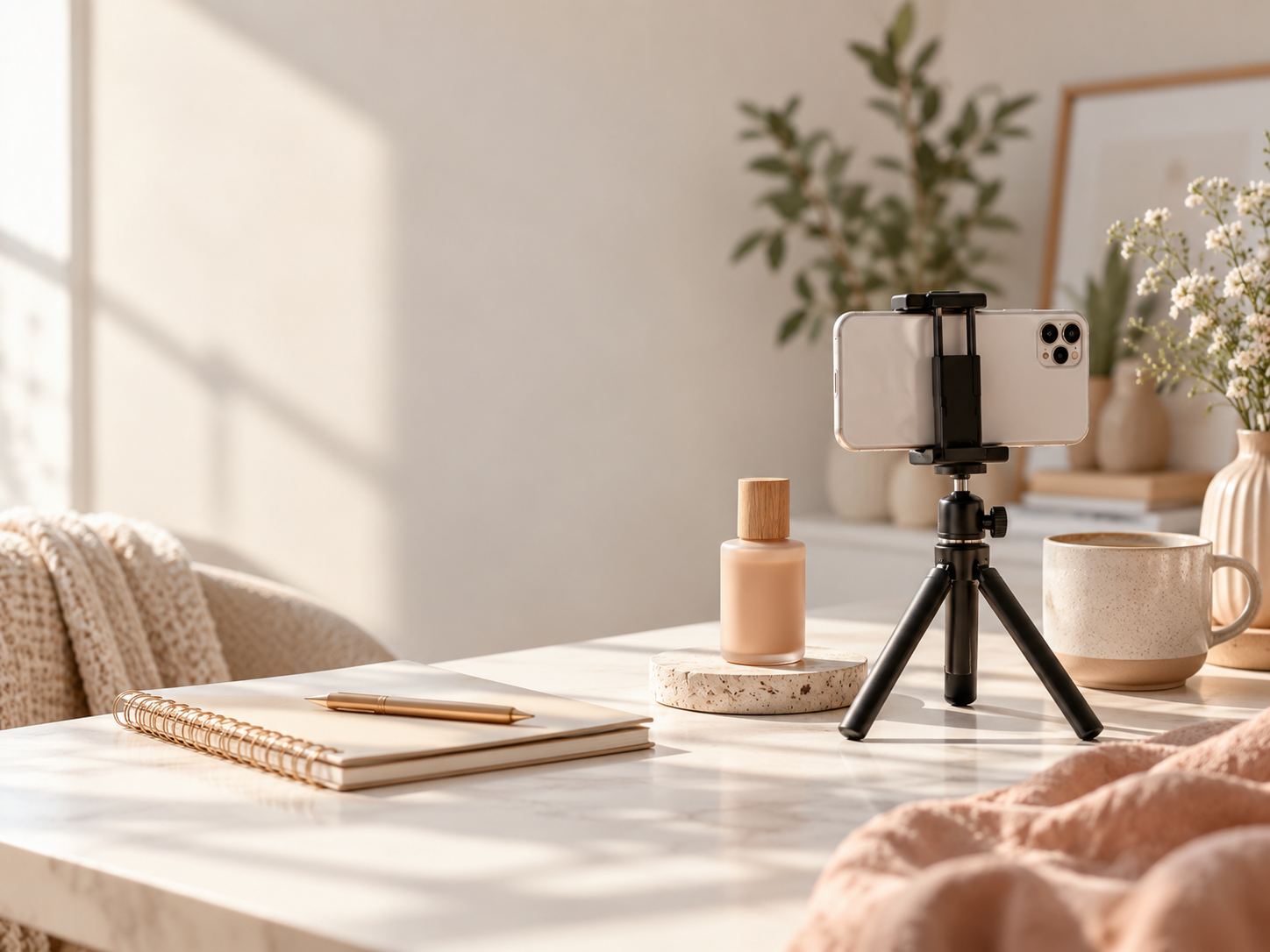 A phone on a small tripod beside a skincare bottle, notebook and coffee on a sunny desk